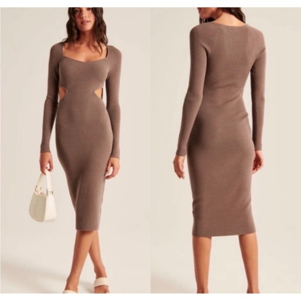 Abercrombie & Fitch Ribbed Cut-Out Midi Dress Mauve‎ Brown Sweetheart Neck Large